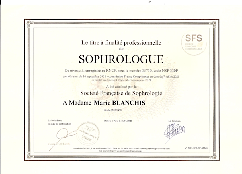 Certificat de sophrologue délivré par la Société Française de Sophrologie à Marie Blanchis durant son parcours de vie en 2022