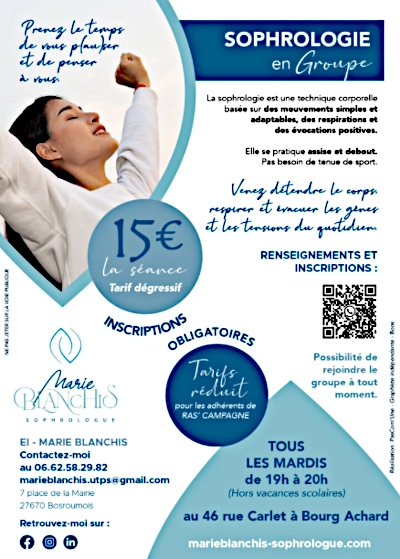 Flyer pour participer à des séances de sophrologie collectives à Bourg Achard dans les locaux de l'association Ras' Campagne et apprendre la relaxation dynamique.