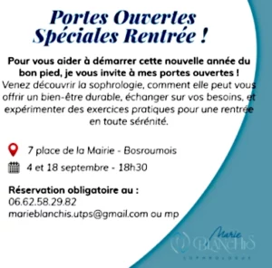 Flyer pour des portes ouvertes à l'occasion de la rentrée pour rencontrer votre sophrologue à Bosroumois pour échanger et découvrir la sophrologie.