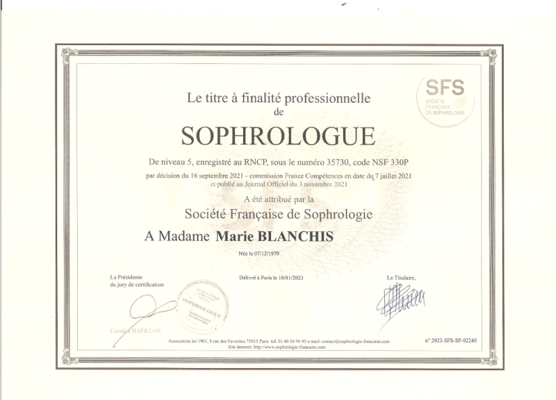 Certificat de sophrologue délivré par la Société Française de Sophrologie à Marie Blanchis durant son parcours de vie en 2022.