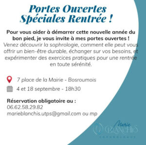 Flyer pour des portes ouvertes à l'occasion de la rentrée pour rencontrer votre sophrologue à Bosroumois pour échanger et découvrir la sophrologie.