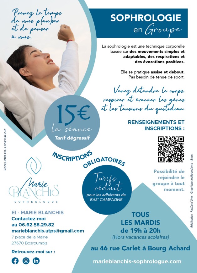 Flyer pour des séances collectives de sophrologie à Bourg- Achard, avec en photo une femme qui s'étire, profite du moment présent, évacue ses tensions et détend son corps.
