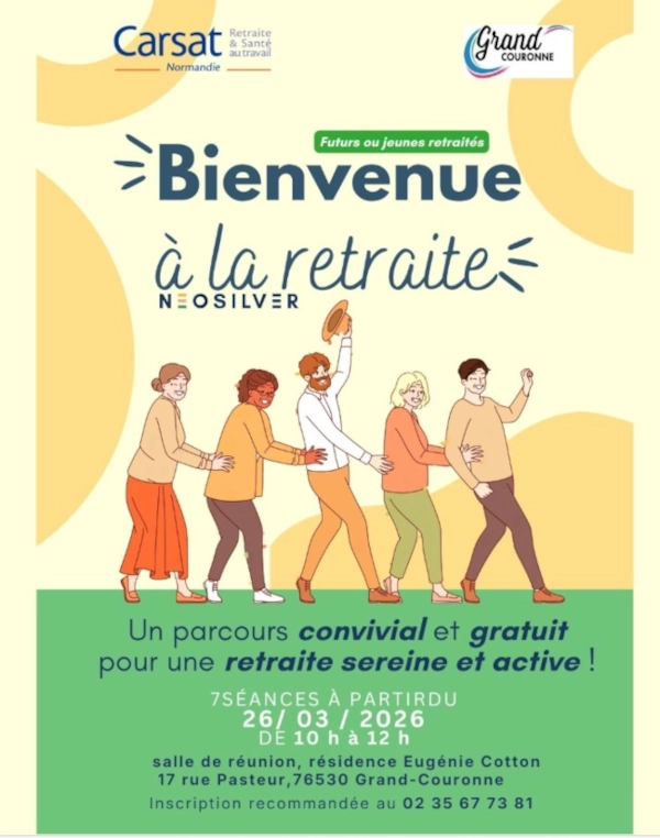 Affiche représentant des hommes et des femmes prêts pour la retraite et contents d'être ensemble pour présenter l'atelier Bienvenue à la retraite pour bien préparer et vivre sa retraite, animé par Marie Blanchis sophrologue.