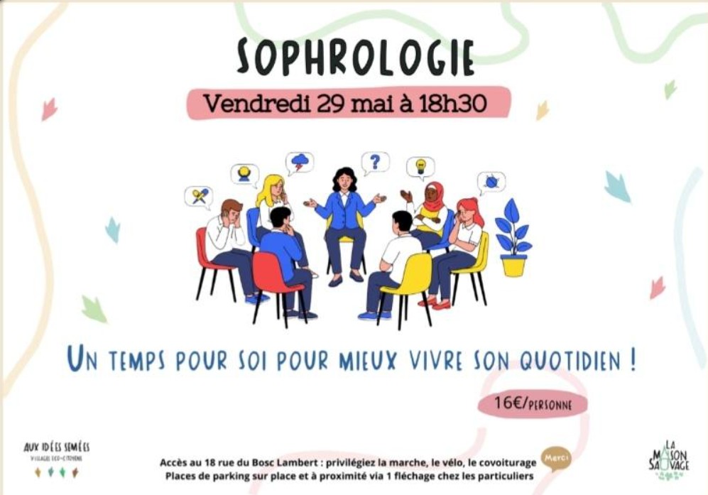 Illustration d'une séance collective de sophrologie, où les personnes sont assises en cercle sur une chaise et parle nt de comment elles se sentent avant de démarrer la pratique, comme celle qui va se dérouler à Hauville animée par Marie Blanchis, Sophrologue
